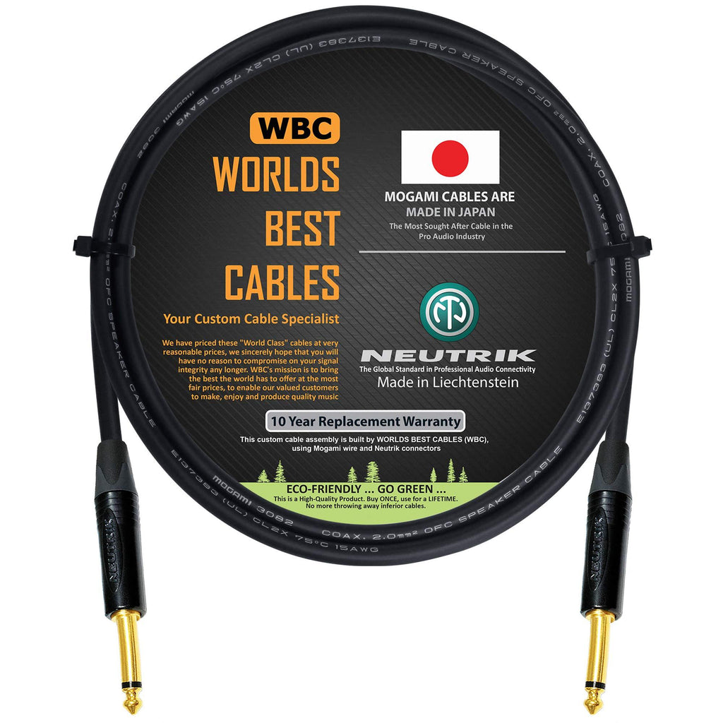3 Foot - Coaxial Studio Speaker Cable Custom Made by WORLDS BEST CABLES – Using Mogami 3082 Wire & Neutrik NP2X-B ¼ Inch (6.35mm) Straight Gold TS Plugs - LeoForward Australia