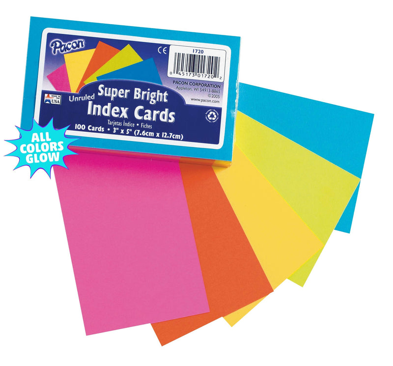  [AUSTRALIA] - Pacon® PAC1720 Index Cards, 3" x 5", Unruled, 5 Bright Colors, Pack of 100 3" x 5"; Unruled