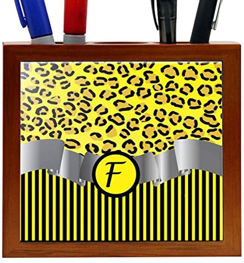  [AUSTRALIA] - Rikki Knight RK-PH2300 Letter"F" Initial Yellow Leopard Print and Stripes Monogrammed Design 5-Inch Wooden Tile Pen Holder (RK-PH2300)
