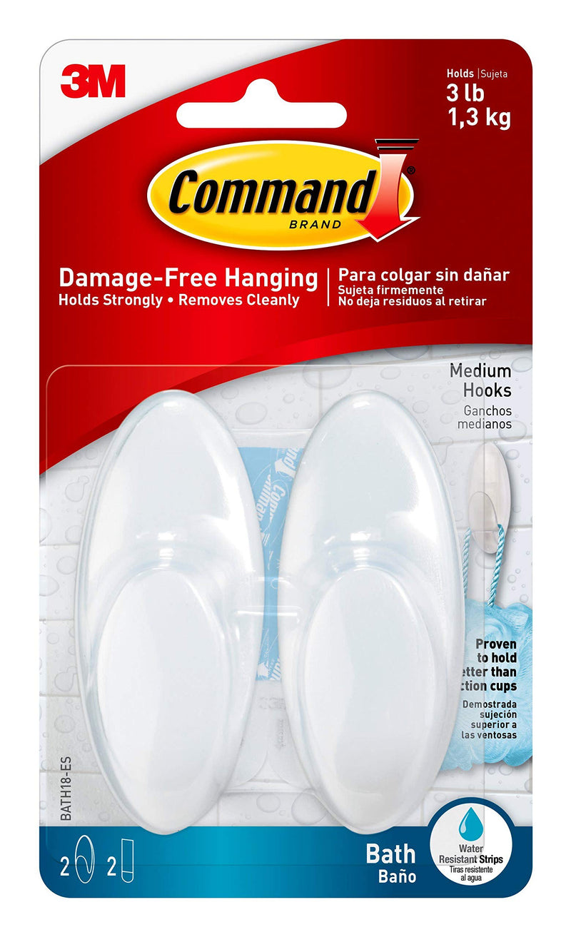  [AUSTRALIA] - Command Bath Medium Hooks, 3 lb Capacity, 2-Hooks, 2-Strips, Organize Damage-Free 2 Hooks