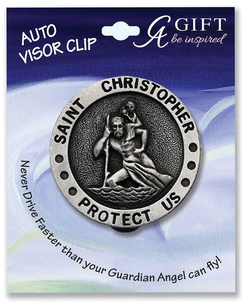  [AUSTRALIA] - Pewter SAINT CHRISTOPHER Protect Us VISOR CLIP For Car - Truck - RV - Automobile - GREAT GIFT