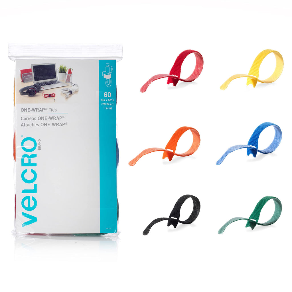  [AUSTRALIA] - VELCRO Brand ONE-WRAP Cable Ties | 60Pk | 8 x 1/2" Straps, Multicolor | Strong Reusable Wire Management | Cord Bundling for Home Office and Data Centers Multi Color 60 Ties 8in x 1/2in