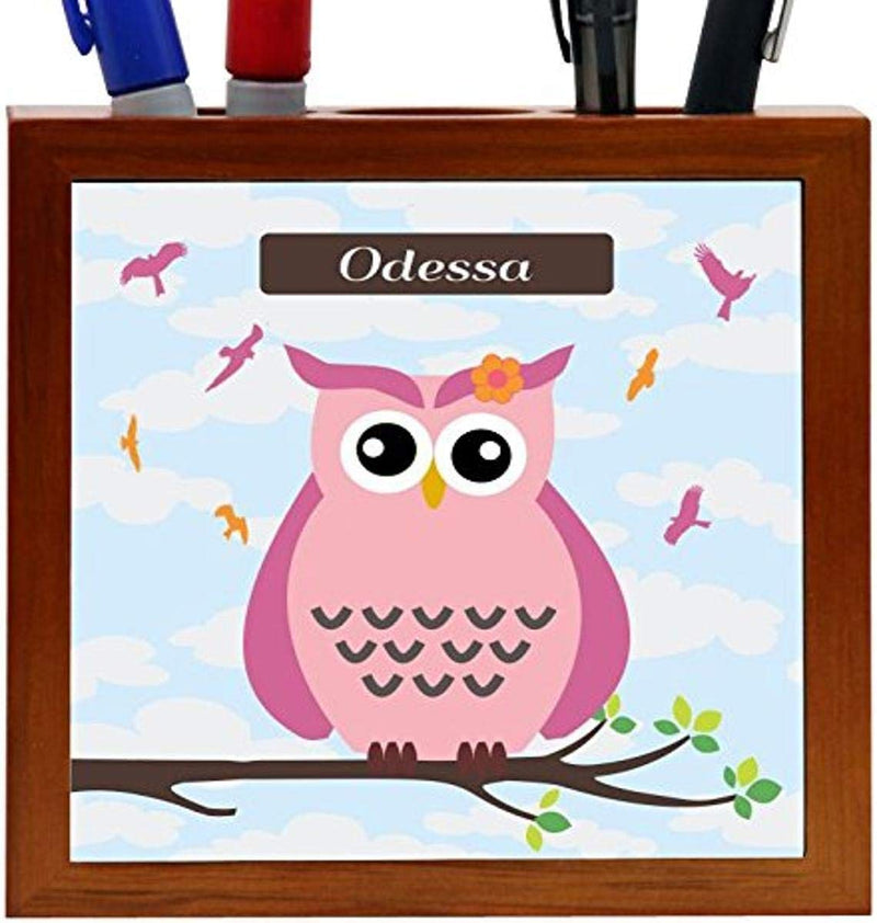  [AUSTRALIA] - Rikki Knight"Odessa" Name - Cute Pink Owl on Branch with Personalized Name Design 5-Inch Tile Wooden Tile Pen Holder (RK-PH30302)