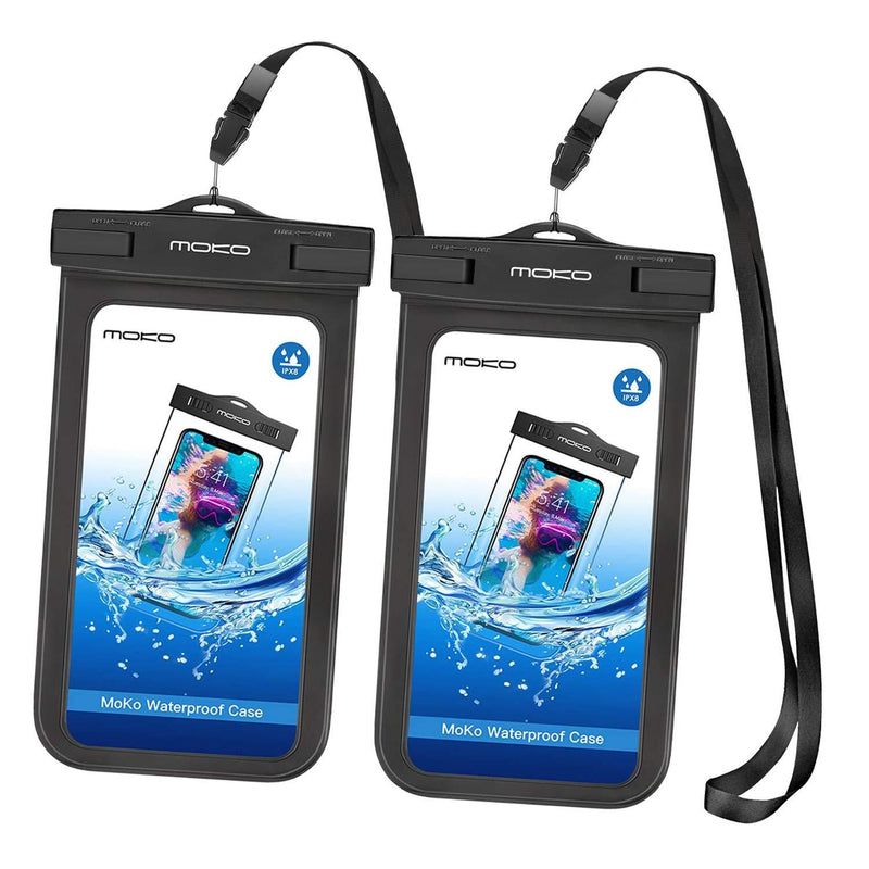  [AUSTRALIA] - MoKo Waterproof Phone Pouch Holder [2 Pack], Underwater Cellphone Case Dry Bag with Lanyard Armband Compatible with iPhone 13/13 Pro Max/iPhone 12/12 Pro Max/11 Pro Max, X/Xr/Xs Max/8, Samsung S21/S10 A. Black / Black