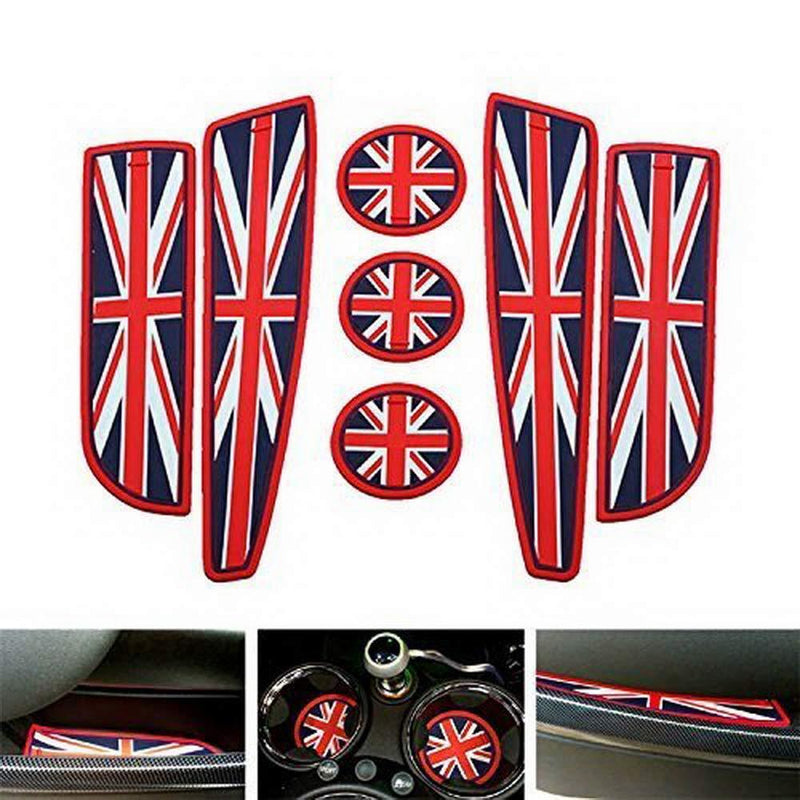  [AUSTRALIA] - iJDMTOY Union Jack Style Silicone Interior Cabin Mats Compatible With MINI Cooper R55 R56 R57 R58 R59, 7-Piece Red/Blue Cupholder Coasters, Side Door Compartment Liners