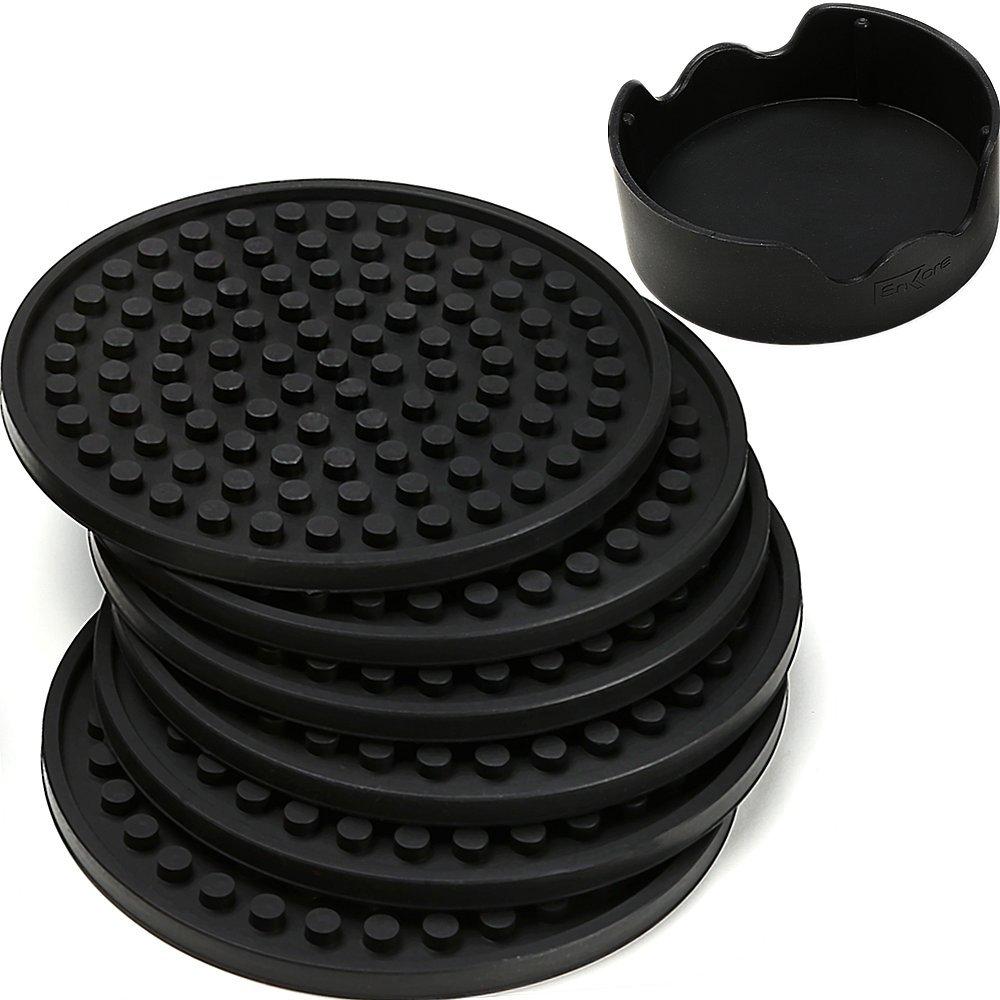  [AUSTRALIA] - ENKORE Coasters For Drinks - Set of 6 with Holder, Black - Protect Furniture From Water Marks or Damage - Deep Tray and Rim Catch Cold Drink Sweat Without Spill, Large 4.3 Inch Size Fit All Cups