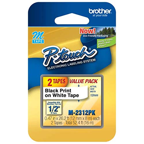  [AUSTRALIA] - Brother Genuine P-touch M-2312PK Tape, 2 Pack, 1/2" (0.47") Wide Standard Non-Laminated Tape, Black on White, Recommended for Home and Indoor Use, 0.47" x 26.2' (12mm x 8M), 2-Pack, M2312PK, M231 1/2" x 26 1/5'