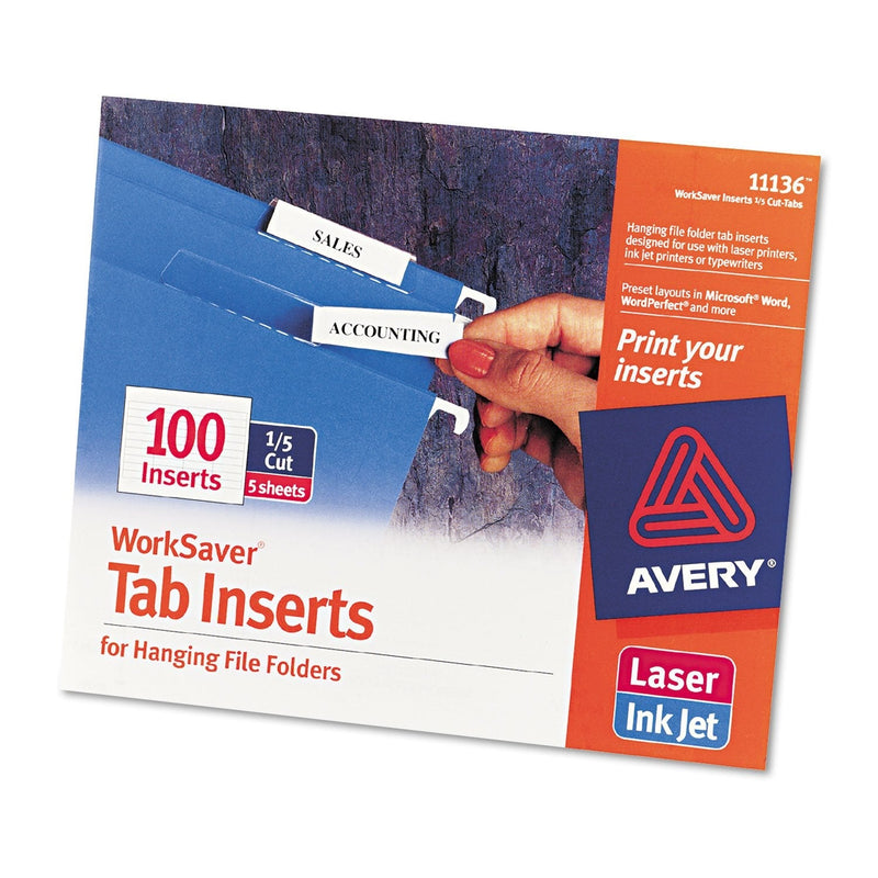  [AUSTRALIA] - Avery 11136 Printable Inserts for Hanging File Folders, 1/5 Tab, Two, White, 100/Pack