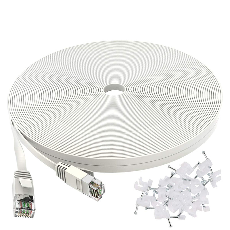  [AUSTRALIA] - Cat 6 Ethernet Cable 50 ft, Outdoor&Indoor 10Gbps Support Cat7 Network, Flat Internet RJ45 LAN Patch Cords, Solid Cat6 High Speed Computer Wire with Clips for Router, Modem, PS4/5, Xbox, Gaming, White 50ft