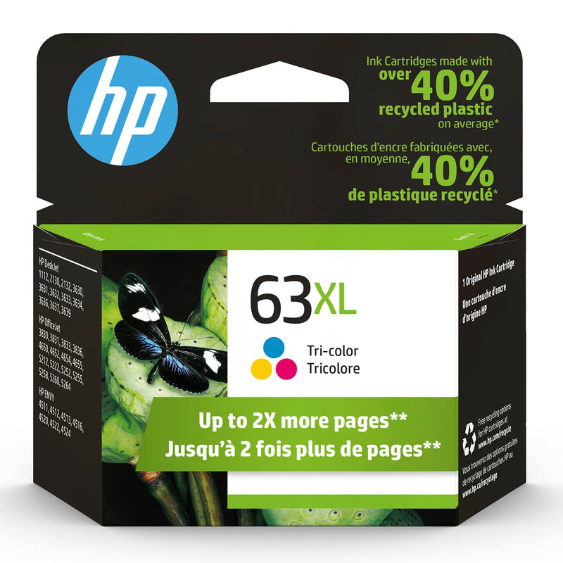 Original HP 63XL Tri-color High-yield Ink Cartridge | Works with HP DeskJet 1112, 2100, 3600 Series, HP ENVY 4500 Series, HP OfficeJet 3800, 4600, 5200 Series | Eligible for Instant Ink | F6U63AN - LeoForward Australia