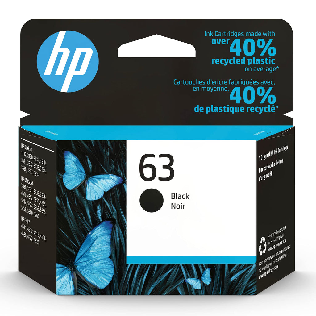 Original HP 63 Black Ink Cartridge | Works with HP DeskJet 1112, 2100 Series, 3600 Series, HP ENVY 4500 Series, HP OfficeJet 3800 Series, 4600 Series, 5200 Series | Eligible for Instant Ink | F6U62AN - LeoForward Australia