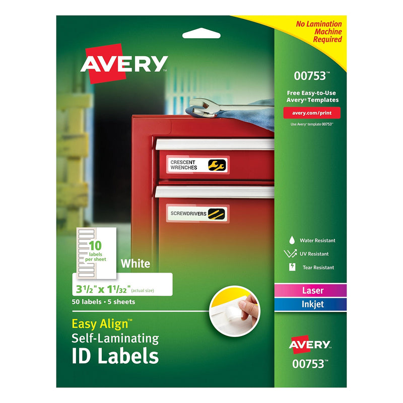 Avery Professional Grade Self-Laminating Water Resistant ID Labels, 3-1/2" x 1-1/32", 50 Pack (00753) 1-1/32" x 3-1/2" 50 Labels - LeoForward Australia
