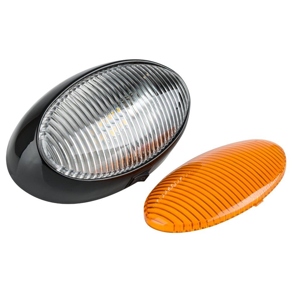  [AUSTRALIA] - Lumitronics RV 12V LED Oval Porch Utility Light with On/Off Switch - Clear & Amber Lenses (Black) With Switch - LED Black Base