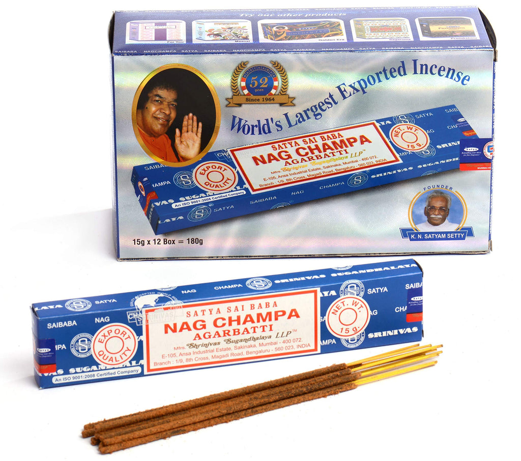  [AUSTRALIA] - Satya Sai Baba Nag Champa Agarbatti Pack of 12 Incense Sticks Boxes 15gms Each Fine Quality Incense Sticks for Relaxation, Meditation, Positivity and Peace 15g*12=180g