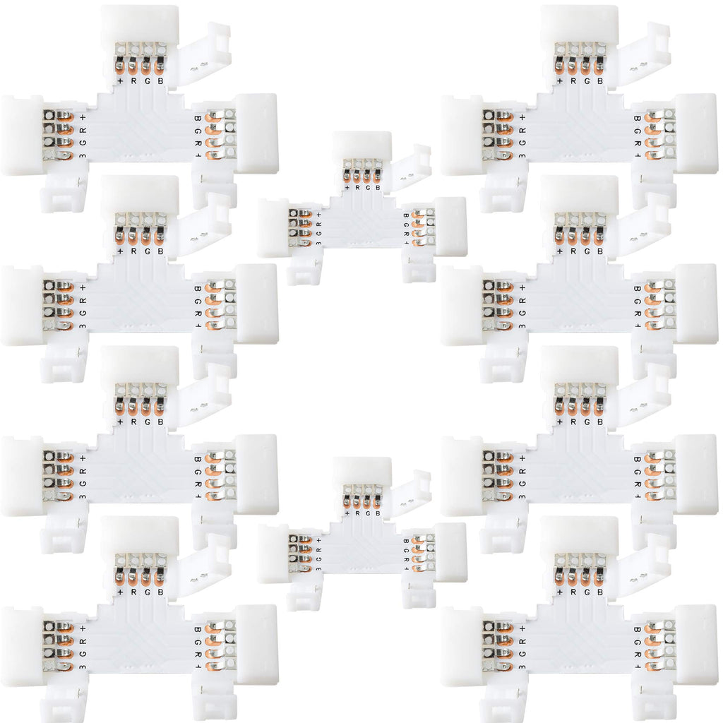  [AUSTRALIA] - T Shape 4-Pin LED Connectors 10-Pack JACKYLED 10mm Wide Unwired Solderless Gapless Adapter Connectors Terminal Extension 12V 72W with 32pcs Clips for 5050 3528 SMD RGB LED Strip Lights