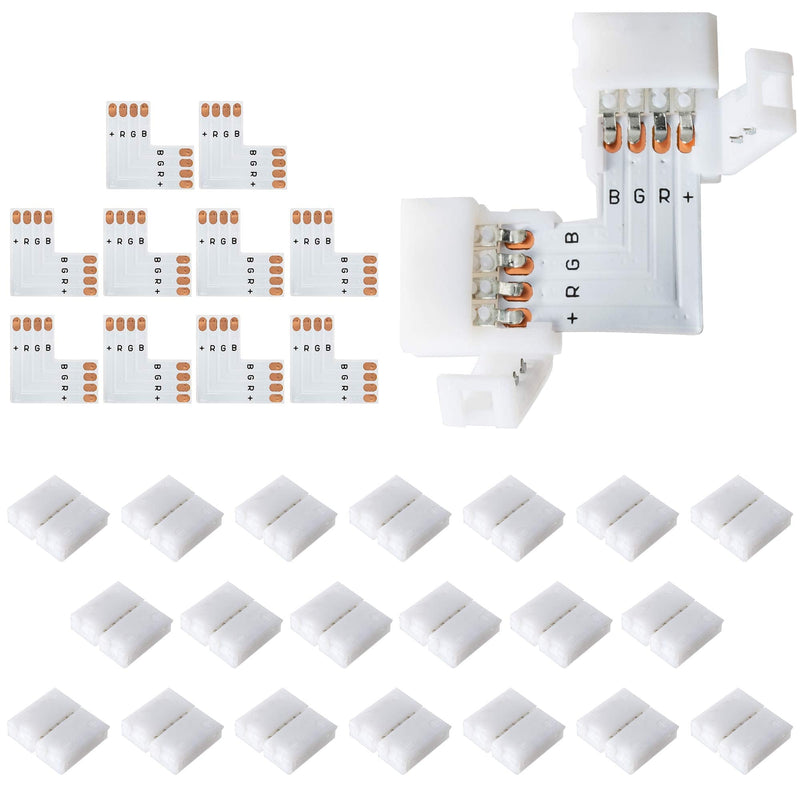  [AUSTRALIA] - L Shape 4-Pin LED Connectors 10-Pack JACKYLED 10mm Wide Right Angle Corner Connectors Solderless Adapter Connector Terminal Extension with 22Pcs Clips for 3528/5050 SMD RGB 4 Conductor LED Light Strips