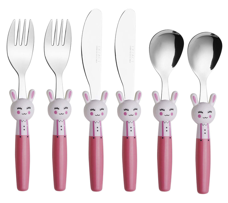  [AUSTRALIA] - Exzact Children's Flatware 6 Pieces Set - Stainless Steel Cutlery/Silverware - 2 x Safe Forks, 2 x Safe Table Knife, 2 x Tablespoons - Toddler Utensils for Lunch Box Plastic Handles BPA Free Rabbit