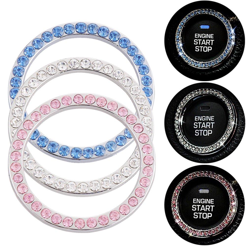  [AUSTRALIA] - AndyGo Crystal Rhinestone Car Bling Sticker Ring Emblem, Auto Start Engine Ignition Button Key & Knobs, Bling for Car Interior Decoration Pink