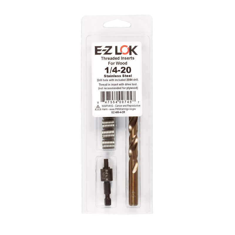  [AUSTRALIA] - E-Z LOK 400-4-CR Threaded Inserts for Wood, Installation Kit, Stainless Steel, Includes 1/4-20 Knife Thread Inserts (6), Drill, Installation Tool