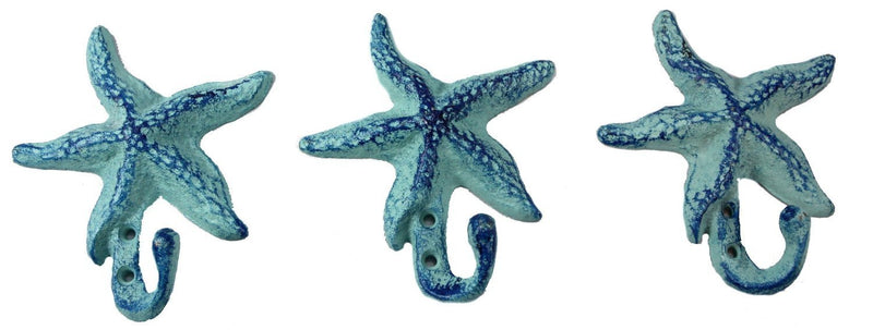 Starfish Cast Iron Wall Hooks Antique Blue - Set of 3 for Coats, Aprons, Hats, Towels, Pot Holders, More - LeoForward Australia