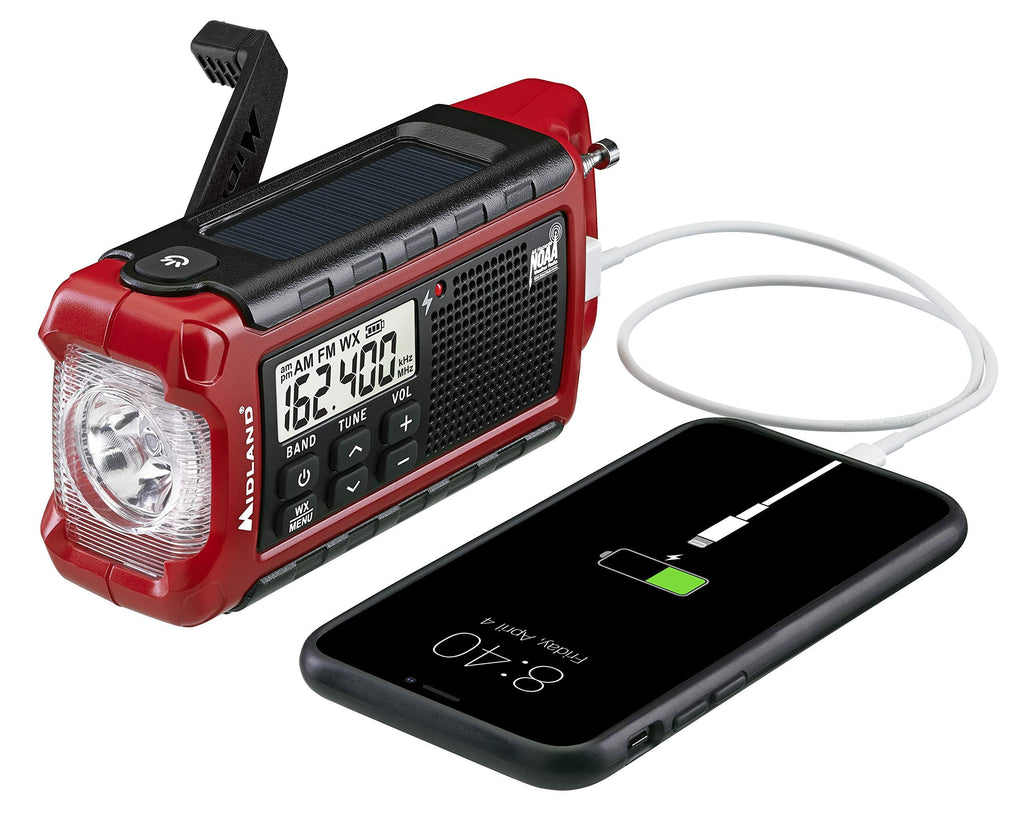  [AUSTRALIA] - Midland - ER210, Emergency Compact Crank Weather AM/FM Radio - Multiple Power Sources, SOS Emergency Flashlight, NOAA Weather Scan + Alert, & Smartphone/Tablet Charger (Red/Black)