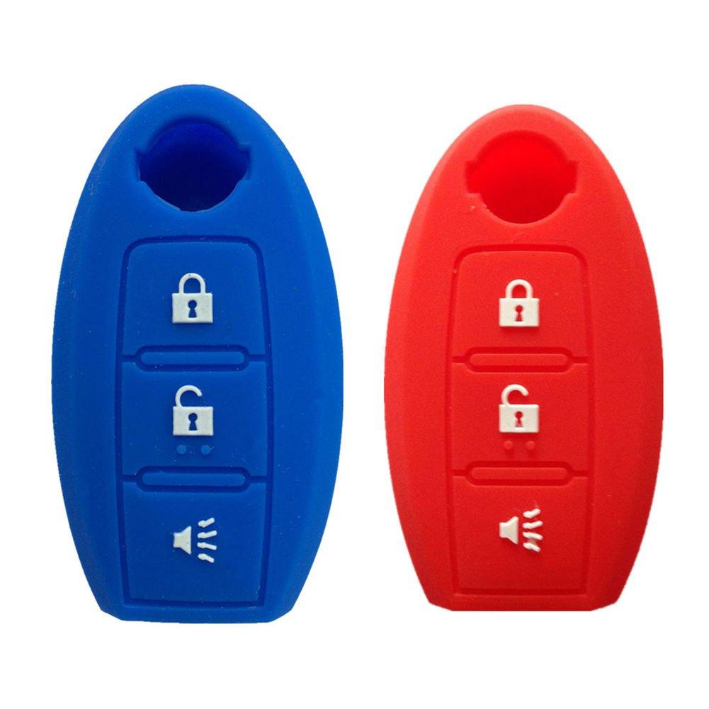  [AUSTRALIA] - Qty 2 (Red and Navy Blue) 3 Buttons Silicone SMART Remote KEY cover case for NISSAN Murano 370Z Versa Rogue Pathfinder Blue and Red