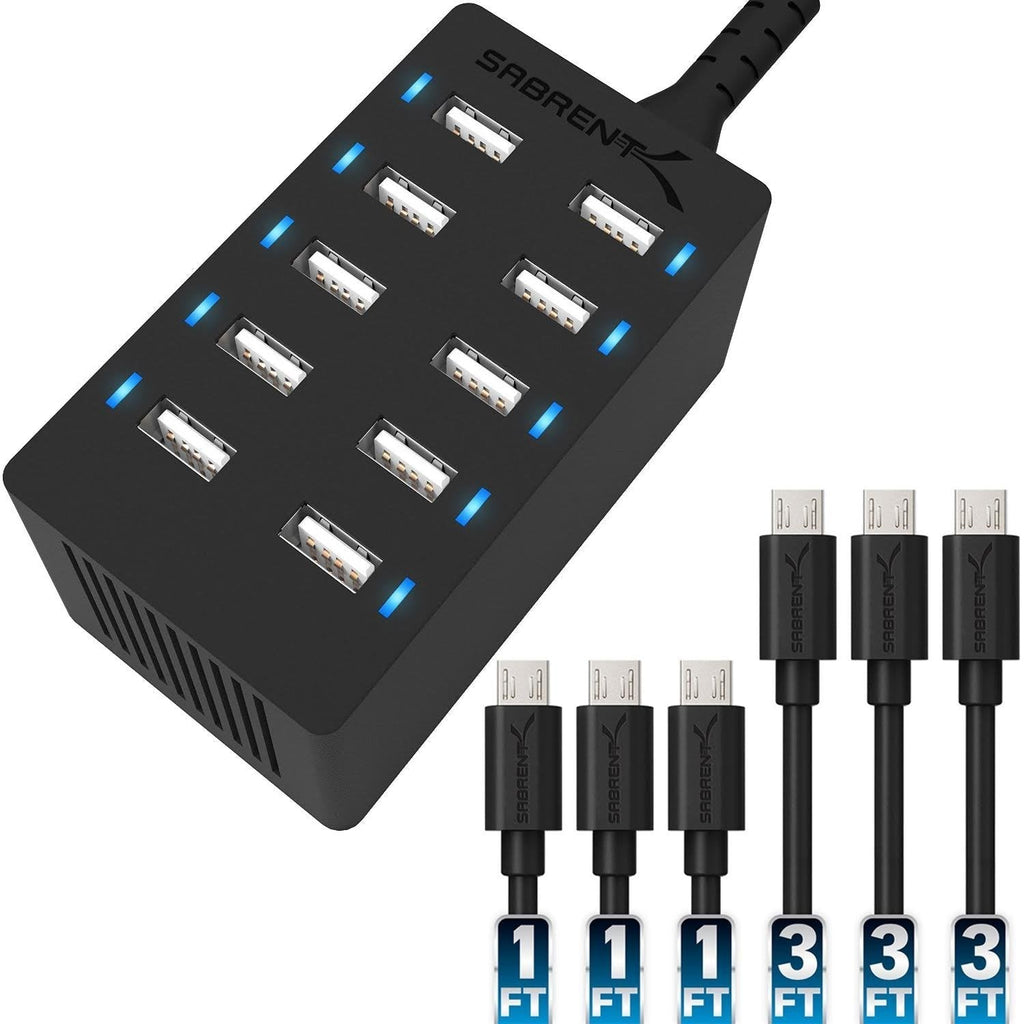 Sabrent 60 Watt (12 Amp) 10-Port Family-Sized Desktop USB Rapid Charger. 6 Micro USB Cables [X3-3foot. and X3-1foot] Black (AX-TU63) - LeoForward Australia