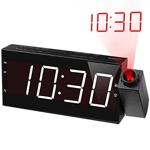 [AUSTRALIA] - Projection Alarm Clock Radio for Bedrooms,Wall Ceiling Clock with FM Radio,180° Projector,7" Large Display & 5 Dimmer,Buzzer/Radio
