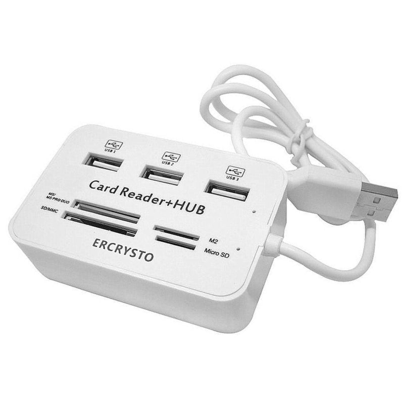 ERCRYSTO Card Reader and 3 Ports USB Hub, High Speed External Memory Card Reader (MS, Micro SD,SD/MMC,M2,TF Card), White. - LeoForward Australia