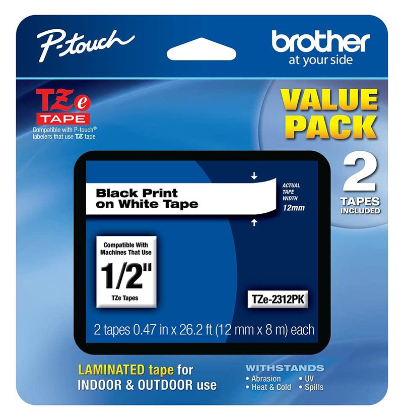  [AUSTRALIA] - Brother Genuine P-touch, TZe-231 2 Pack Tape (TZE2312PK) ½”(0.47”) x 26.2 ft. (8m) 2-Pack Laminated P-Touch Tape, Black on White, Perfect for Indoor or Outdoor Use, Water Resistant, TZE2312PK, TZE231
