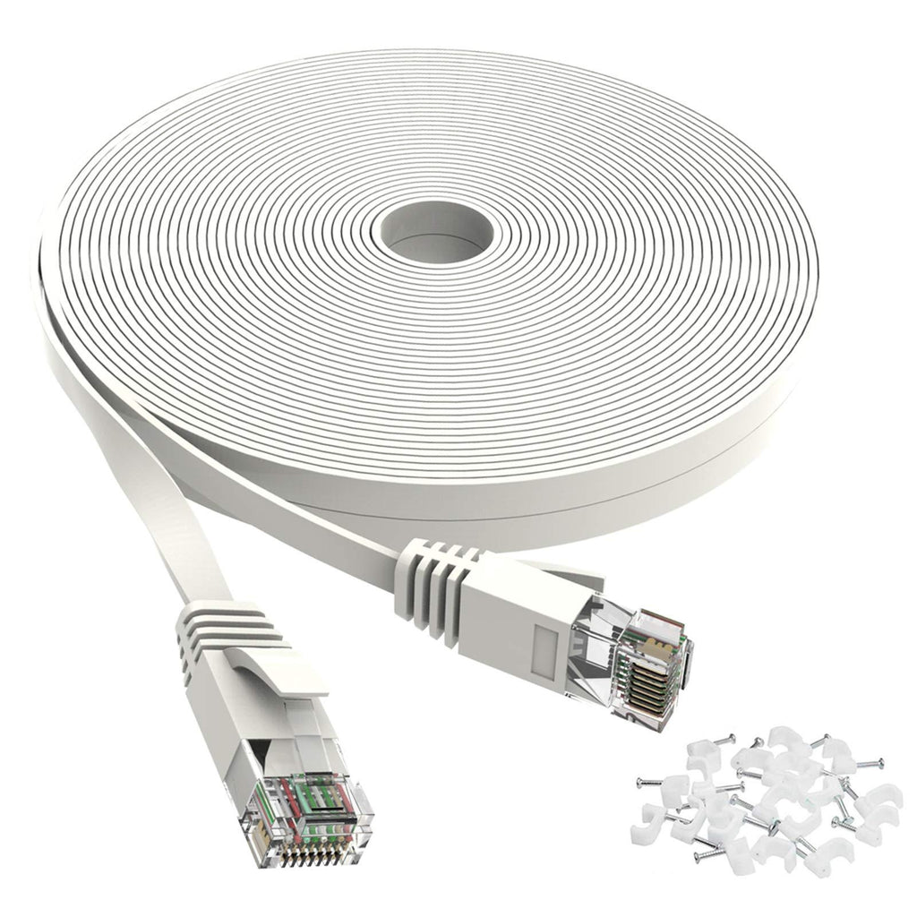  [AUSTRALIA] - Cat 6 Ethernet Cable 25 ft White Flat - Solid Internet Network Lan patch cord – Cat6 High Speed Computer wire With clips & Rj45 Connectors for Router, modem, PS, Xbox– faster than Cat5e/Cat5 - 25 feet 25ft