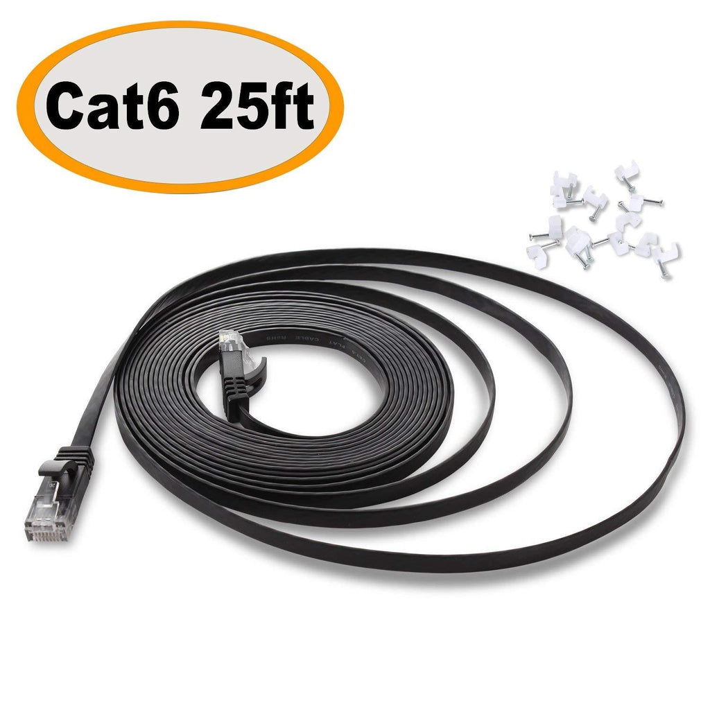 Cat 6 Ethernet Cable 25 ft Flat, Durable Internet Network Lan Patch Cord, Sturdy Cat6 High Speed Computer RJ45 Wire for Router, Modem, PS Xbox, Gaming, Switch, TV, Video- Faster Than Cat5e/Cat5, Black - LeoForward Australia