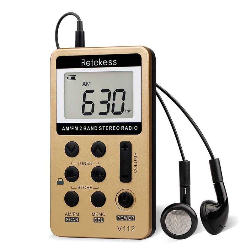  [AUSTRALIA] - Retekess V112 AM FM Radio Portable, Mini Radio with Earphone Pocket, Digital Tuning Rechargeable Battery LCD Display for Walking Jogging(Gold) Gold
