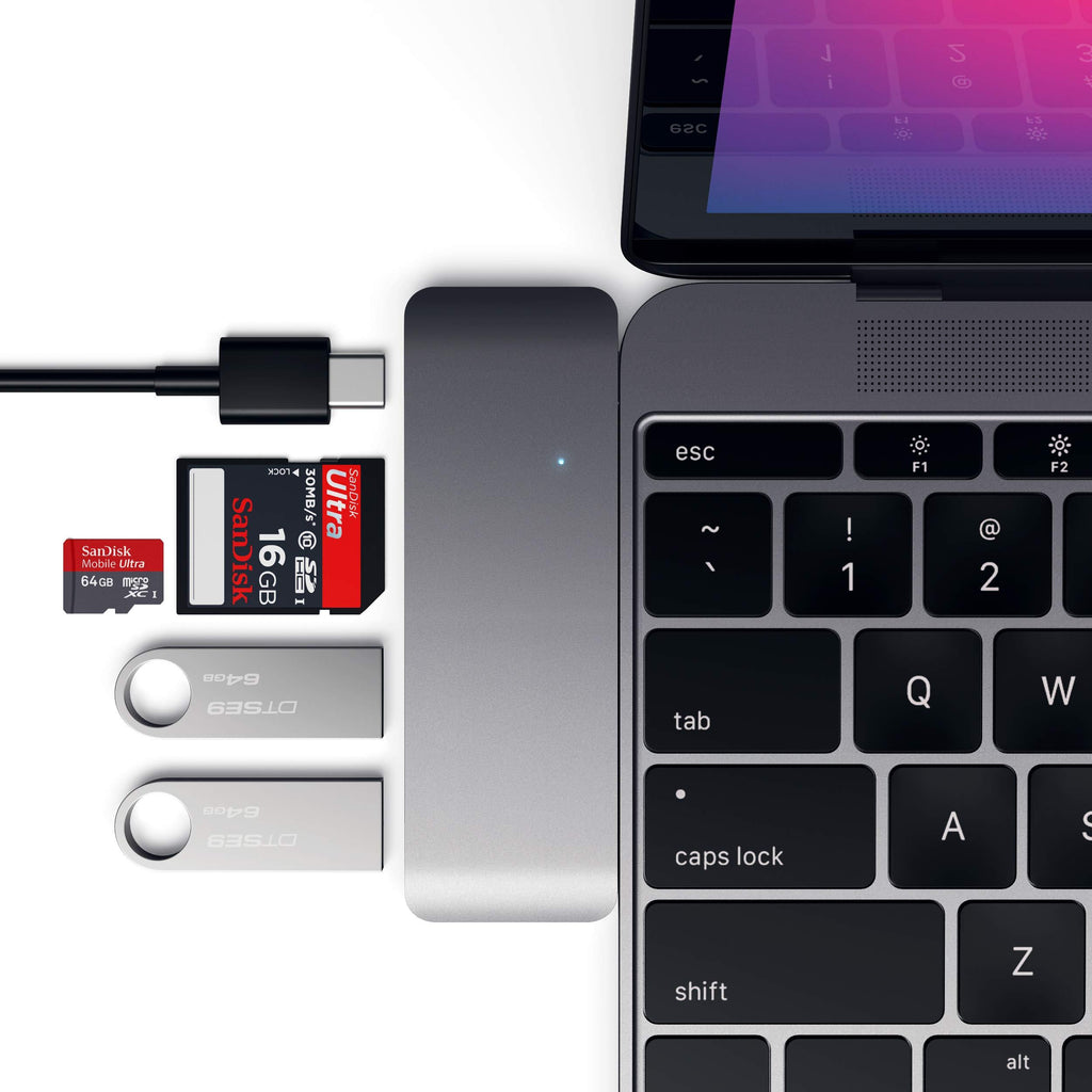 Satechi Aluminum Type-C USB 3.0 3-in-1 Combo Hub with USB-C Pass-Through - Compatible with 2018 MacBook Air, 2018 iPad Pro, 2015/2016/2017 MacBook 12-Inch and More Space Gray - LeoForward Australia