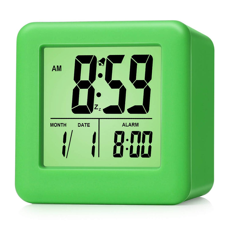  [AUSTRALIA] - Plumeet Digital Alarm Clocks Travel Clock with Snooze and Green Nightlight - Easy Setting Clock Display Time, Date, Alarm - Ascending Sound - Battery Powered (Green)