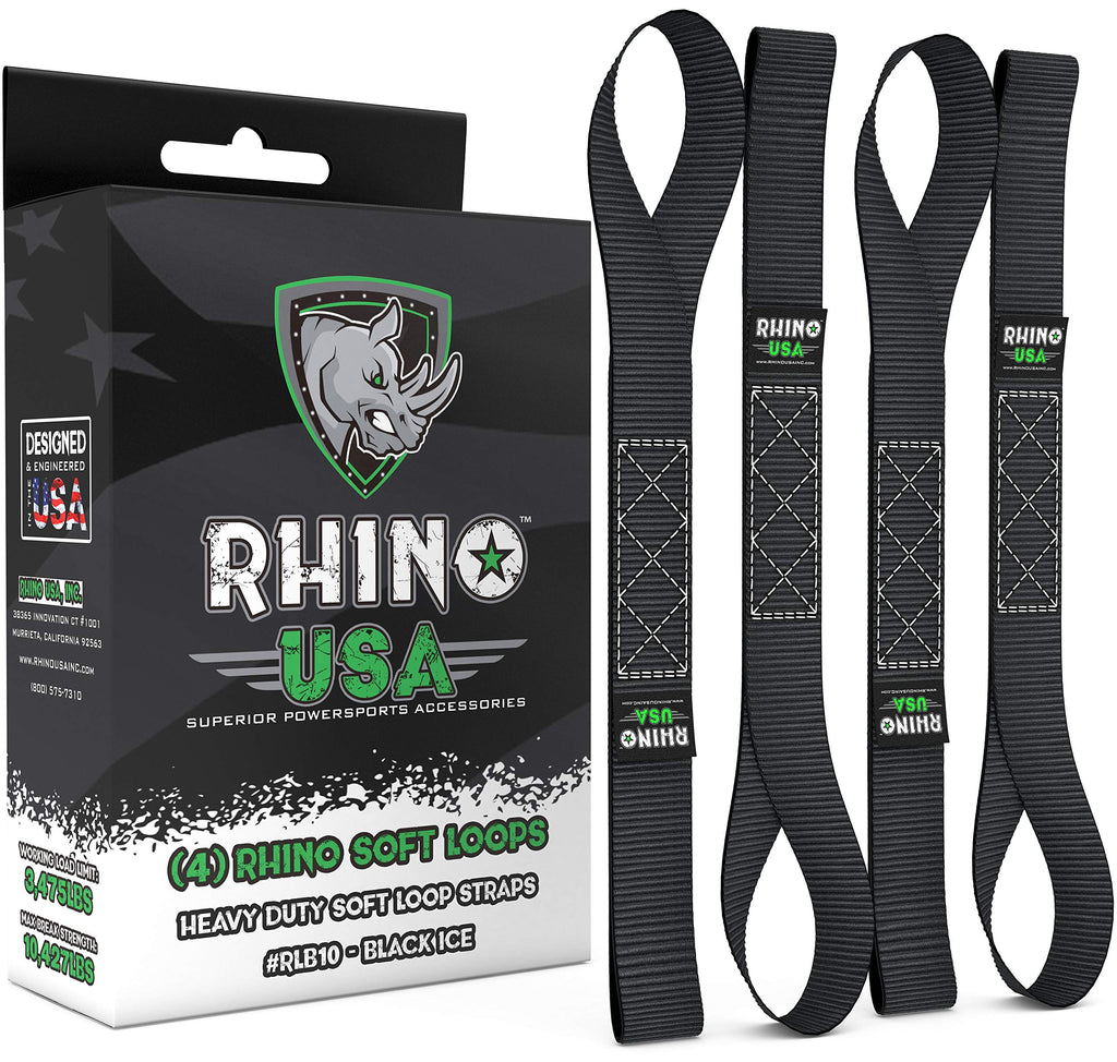  [AUSTRALIA] - RHINO USA Soft Loops Motorcycle Tie Down Straps (4pk) - 10,427lb Max Break Strength 1.7” x 17” Heavy Duty Tie Downs for use with Ratchet Strap - Secure Trailering of Motorcycles, Kayak, Jeep, ATV, UTV Black Ice