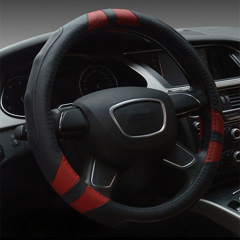  [AUSTRALIA] - Dee-Type Leather Steering Wheel Cover Universal 15 inch Black & Red