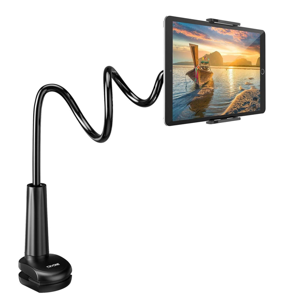  [AUSTRALIA] - Gooseneck Tablet Holder Stand for Bed: Tryone Adjustable Flexible Arm Tablets Mount Clamp on Table Compatible with iPad Air Mini | Galaxy Tabs | Kindle Fire | Switch or Other 4.7 -10.5" Devices 01-Black