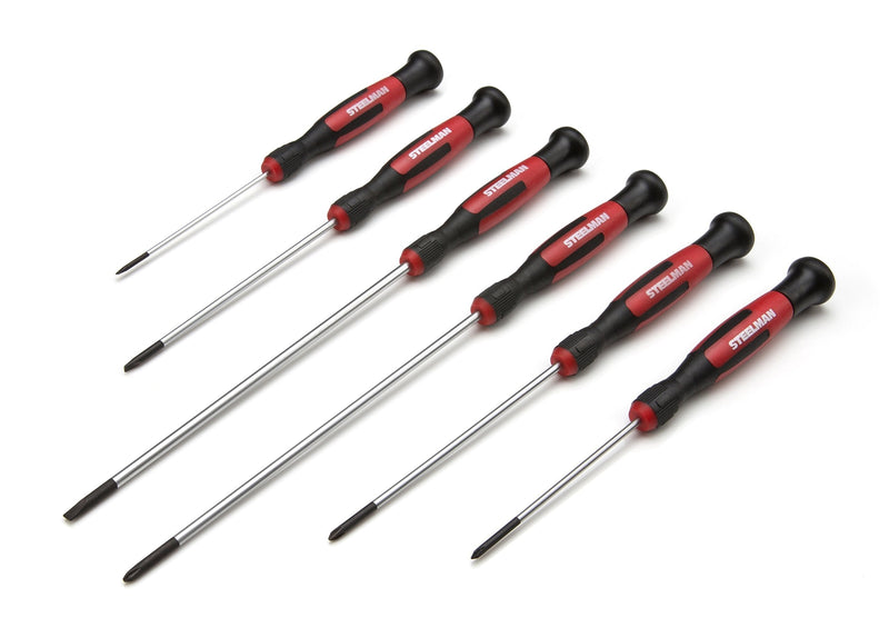  [AUSTRALIA] - Steelman Precision Steel Shaft 6-Piece Long Electronics Screwdriver Set, Variety of Slotted/Phillips Sizes, Swivel-Head, Magnetic Tips 6 Piece - Long