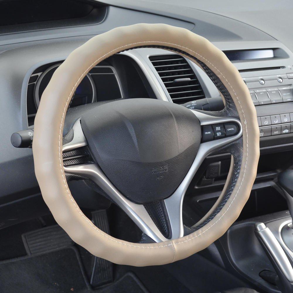  [AUSTRALIA] - BDK SW-899-SB Beige (13.5-14.5) Leather Car Steering Wheel Cover Small Size 13.5 to 14.5 Inch Universal Fit, Easy Installation