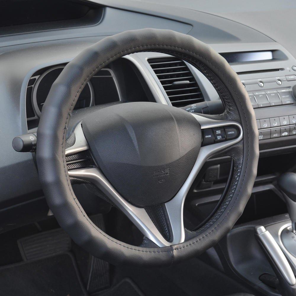  [AUSTRALIA] - BDK Ergonomic Non-Slip Grip Genuine Leather Car Steering Wheel Cover (Black/Small Size 13.5 to 14.5") Small (13.5 - 14.5) Black