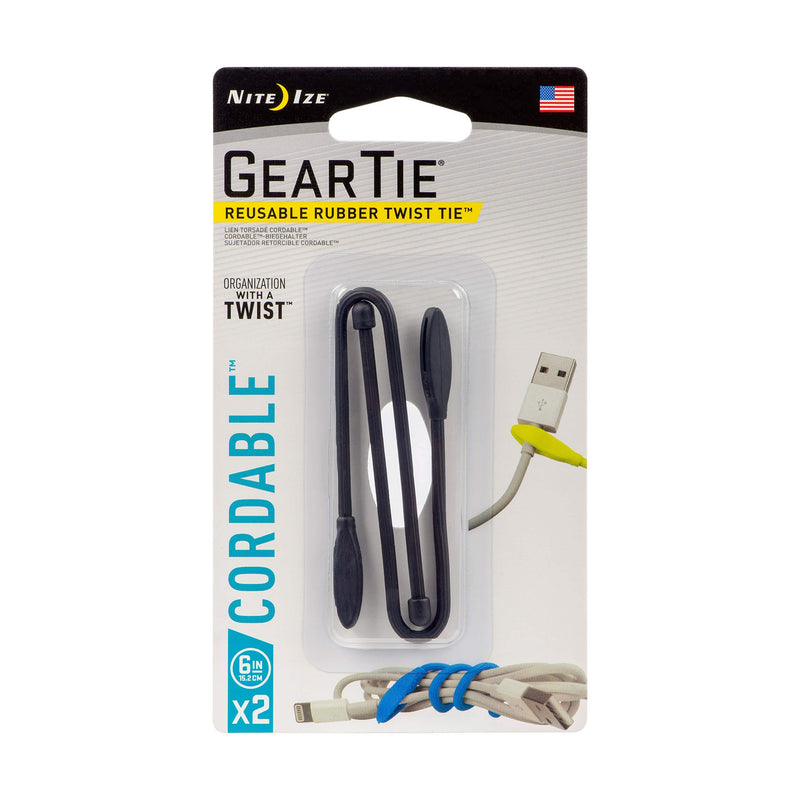  [AUSTRALIA] - Nite Ize Gear Tie Cordable, The Orginal Reusable Rubber Twist Tie with Stretch-Loop for Cord Management + Storage, 6-Inch, Black, 2 Pack, Made in The USA 6"