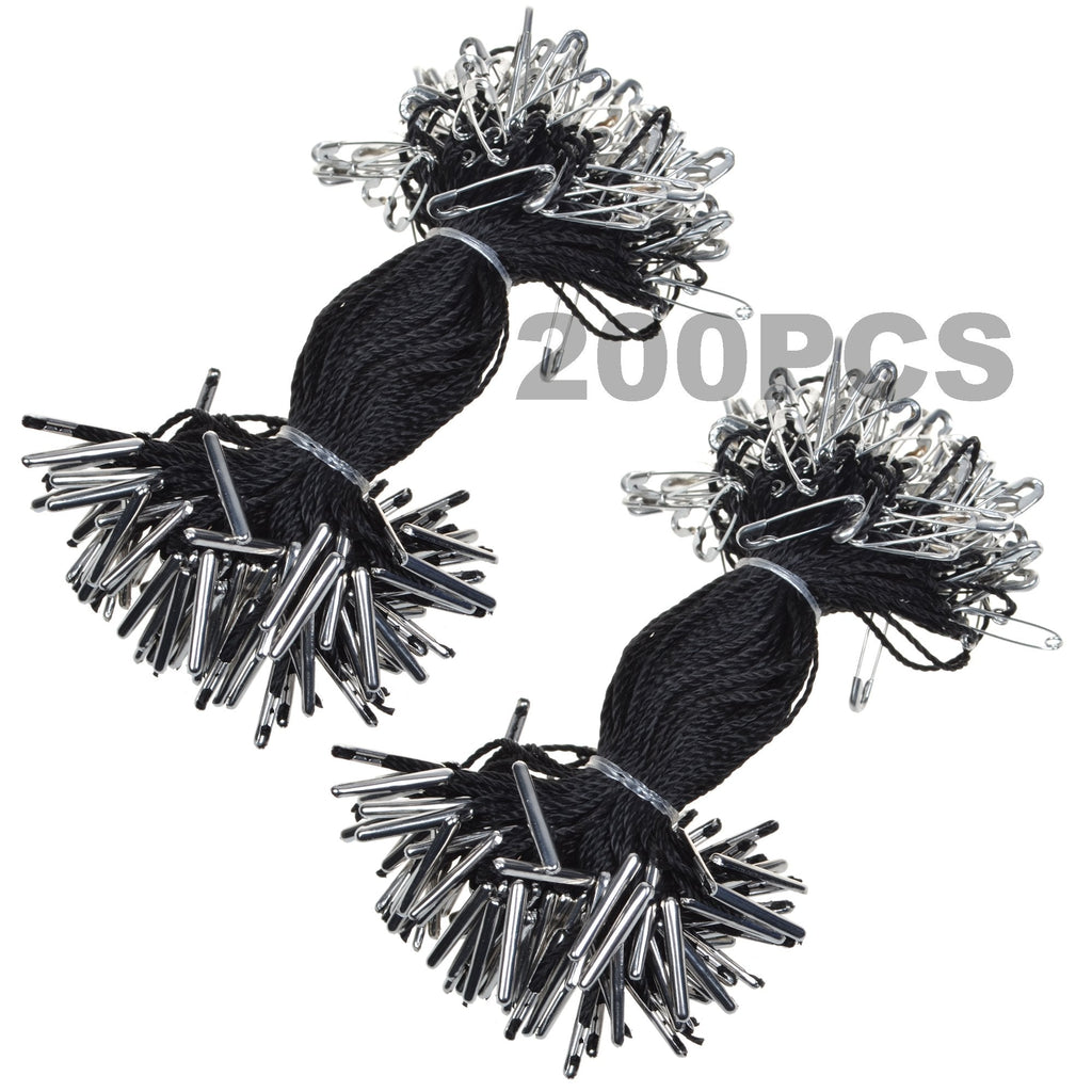  [AUSTRALIA] - BCP 4 inches 200pcs Nylon Garment Hang Tag String, Clothing Lanyard Tag Rope with Safety Pin (Black Color) Black Color
