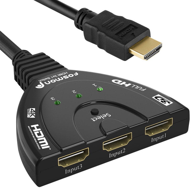  [AUSTRALIA] - Fosmon 3-Port 4K HDMI Switch, 3x1 Switcher (Automatic Switching) Support Ultra HD, HDCP, 4K HDMI Splitter Hub Compatible with Apple TV 4K PS5 Xbox Roku Fire TV Stick HDTV Chromecast