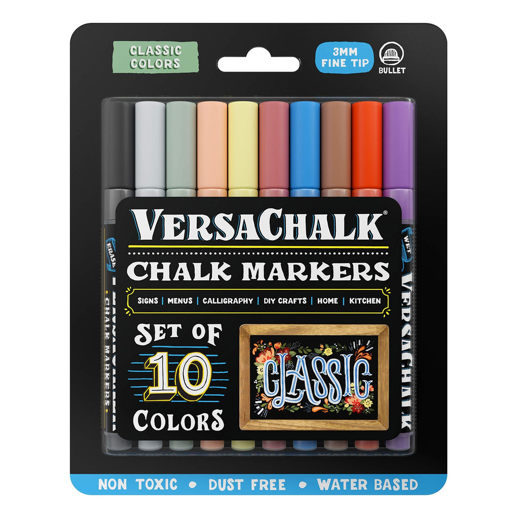  [AUSTRALIA] - VersaChalk Classic Liquid Chalk Markers for Blackboards (10 Pack, 3mm, Fine Tip) - Erasable Washable Chalk Pens for Chalkboard Signs, Windows, Glass, Events, Schools, Office Supplies, and Business Fine 3mm Classic Colors