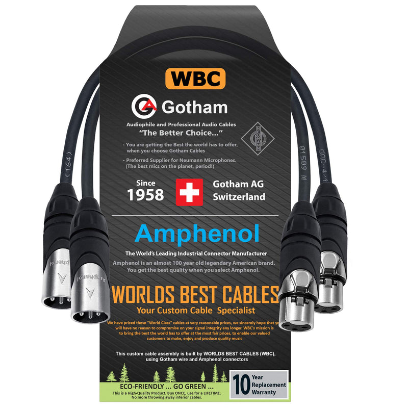  [AUSTRALIA] - 2 Units - 1 Foot - Gotham GAC-4/1 (Black) - Star Quad, Dual Shielded Balanced Male to Female Microphone Cables with Amphenol AX3M & AX3F Silver XLR Connectors - Custom Made by WORLDS BEST CABLES