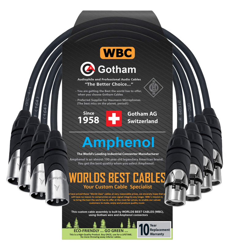  [AUSTRALIA] - 4 Units - 1 Foot - Gotham GAC-4/1 (Black) - Star Quad, Dual Shielded Balanced Male to Female Microphone Cables with Amphenol AX3M & AX3F Silver XLR Connectors - Custom Made by WORLDS BEST CABLES