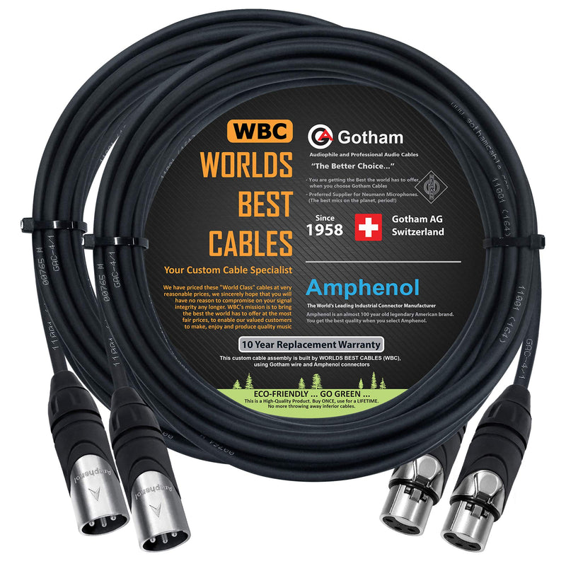  [AUSTRALIA] - 2 Units - 20 Foot - Gotham GAC-4/1 (Black) - Star Quad, Dual Shielded Balanced Male to Female Microphone Cables with Amphenol AX3M & AX3F Silver XLR Connectors - Custom Made by WORLDS BEST CABLES
