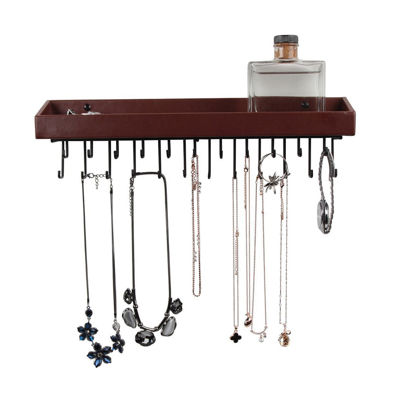  [AUSTRALIA] - JACKCUBE DESIGN Hanging Jewelry Organizer with 23 Hooks, Wall Mounted Necklace Bracelet Earring Holder Hanger with Shelf (Brown, 14.37 x 2.95 x 3.86 inches) - MK208B Type2 (Brown)