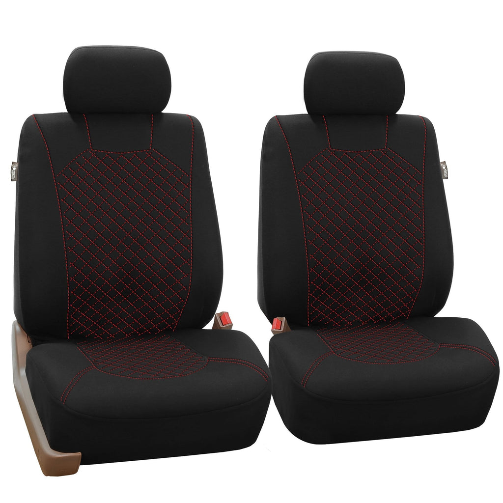  [AUSTRALIA] - FH Group FB066RED102 Red Fabric Cloth Seat Cover Front with Ornate Diamond Stitching, Set of 2 (Airbag Compatible) Red Stitching